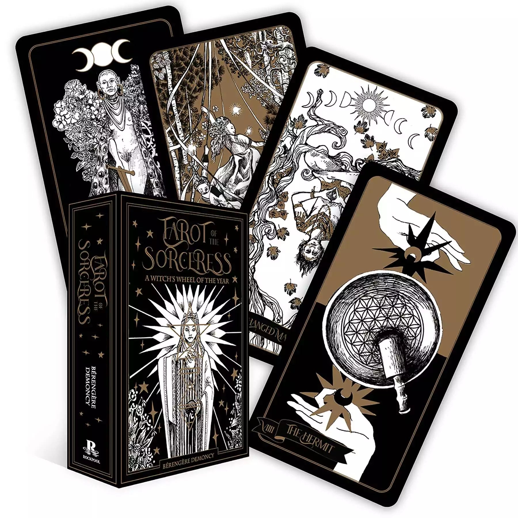 Tarot of the Sorceress 78-card deck fanned out showing intricate black and gold dark fantasy illustrations, Berengère Demoncy tarot deck in a box set.