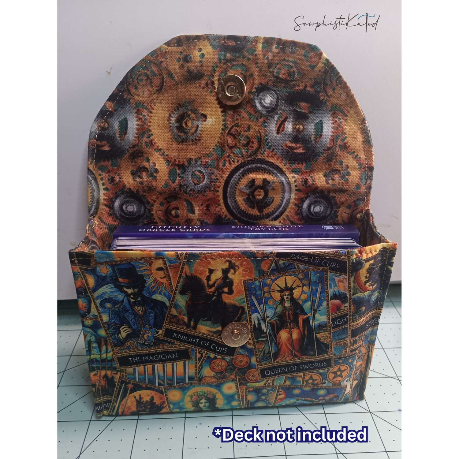 Handmade Tarot &amp; Oracle Card Deck Case – Tarot Theme, Steampunk Lined, Snap Closure (5.75”)