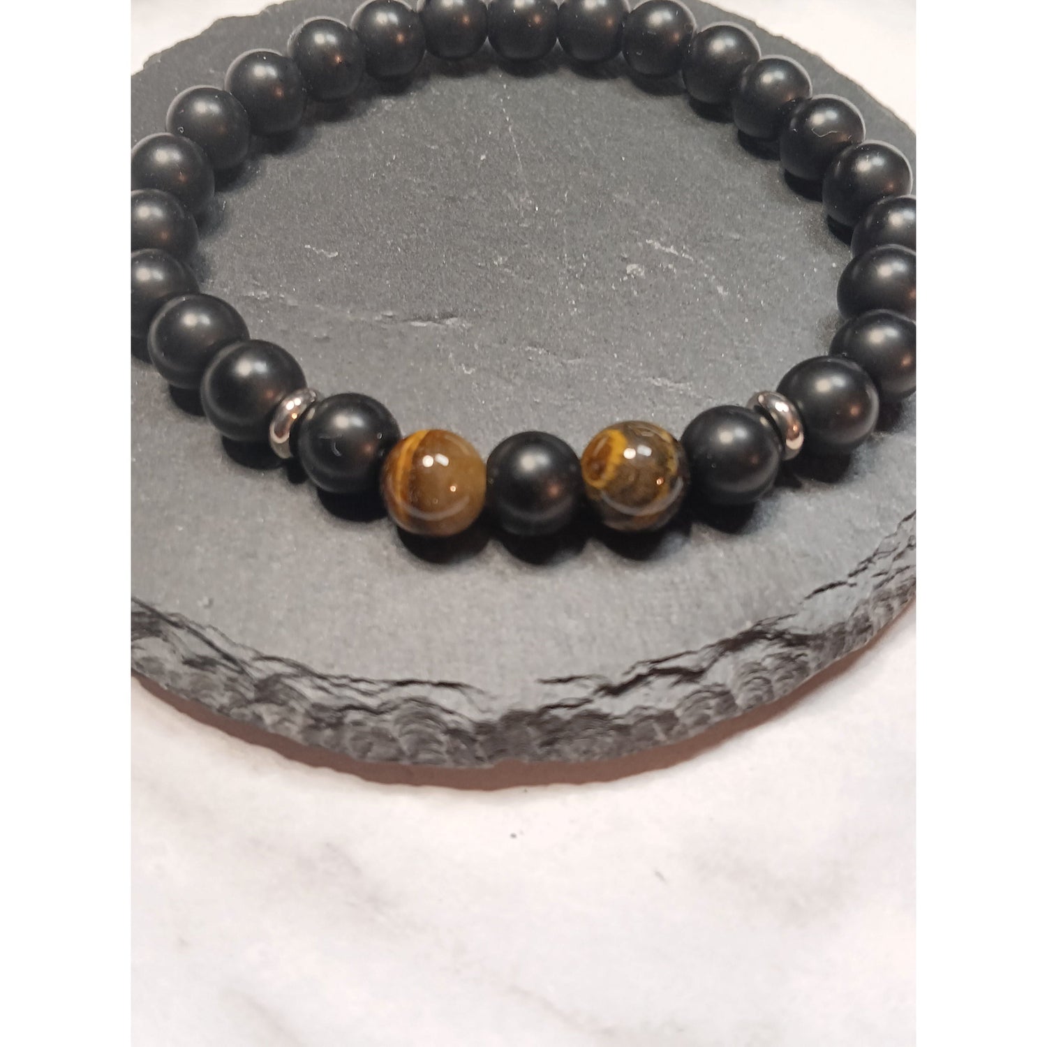 Tiger Eye &amp; Black Bead Stretch Bracelet – 1 or 2 Tiger Eye Beads