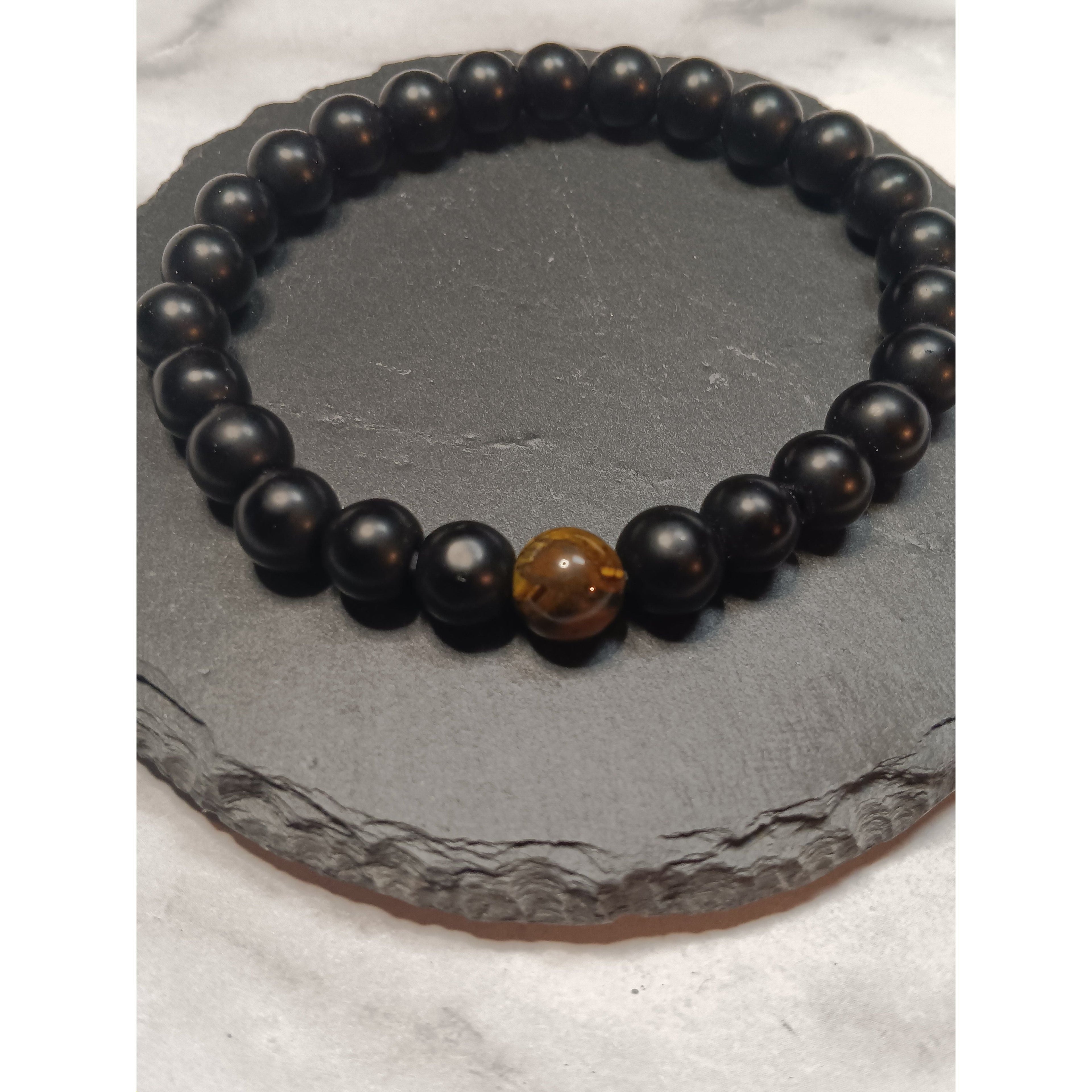 Tiger Eye &amp; Black Bead Stretch Bracelet – 1 or 2 Tiger Eye Beads