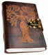 Tree Woman leather journal with latch showing embossed goddess and tree imagery on cover for spiritual journaling and grimoire use