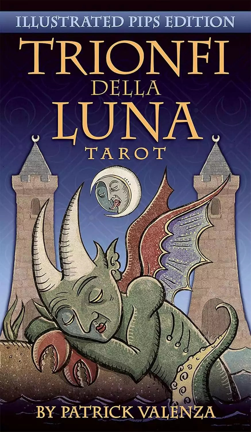 Trionfi Della Luna tarot card featuring a fantastical surrealist creature in colorful imaginative illustration, Patrick Valenza tarot deck artwork.