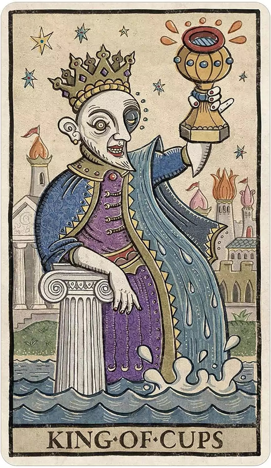 King of Cups tarot card from Trionfi Della Luna showing a regal figure seated on a stone throne beside water in Valenza&