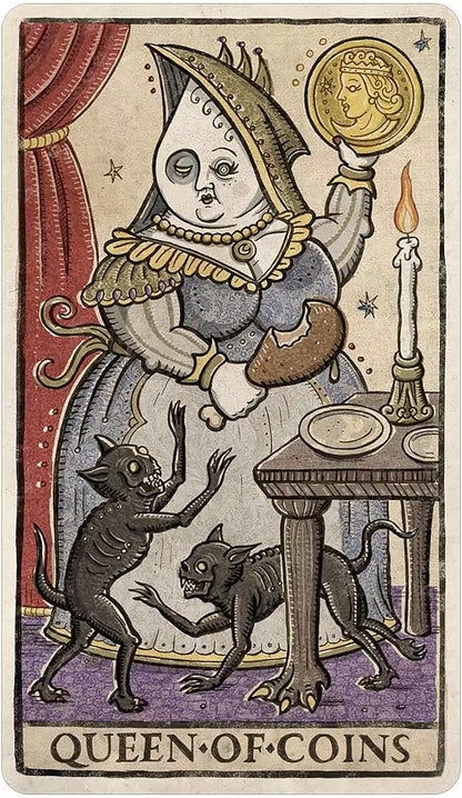 A regal female figure in an elaborate gown holds a gold coin beside a table in this ornate Trionfi Della Luna tarot card illustration.