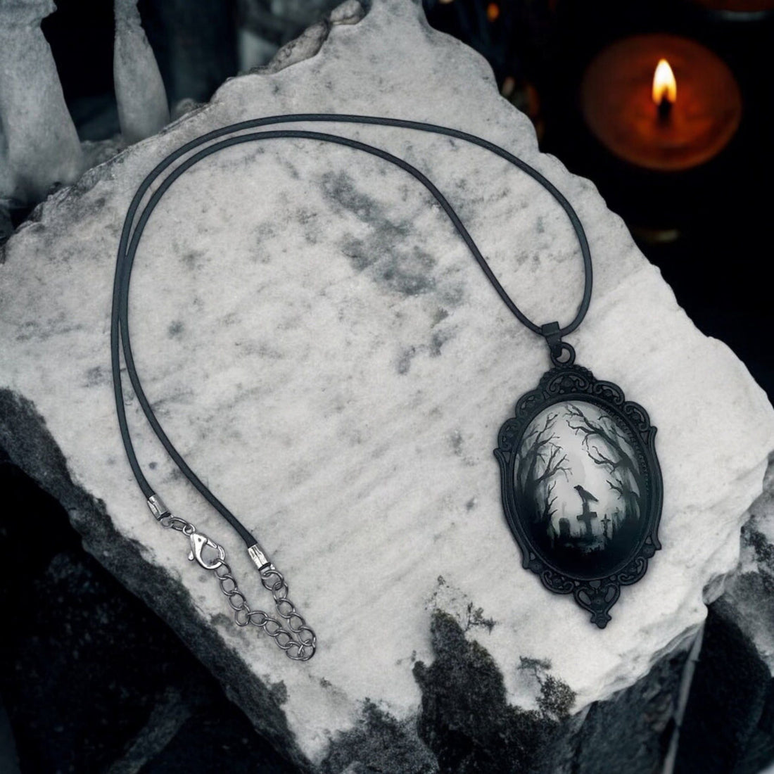 Raven Graveyard Gothic Pendant Necklace – Vintage Spooky Raven on Tombstone