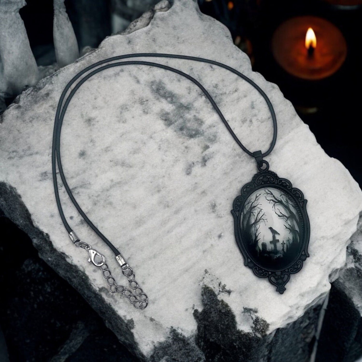 Raven Graveyard Gothic Pendant Necklace – Vintage Spooky Raven on Tombstone