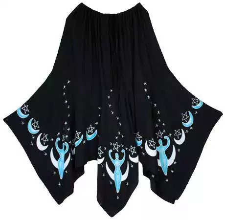 Long black rayon batik Moon Goddess ritual skirt with floor-length flowing silhouette and lunar goddess print pattern