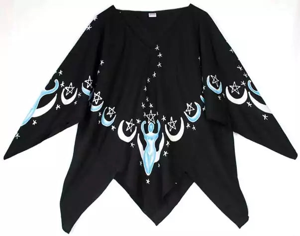 Black rayon batik Moon Goddess top with flowing silhouette and lunar pattern, spiritual ritual wear for goddess practitioners