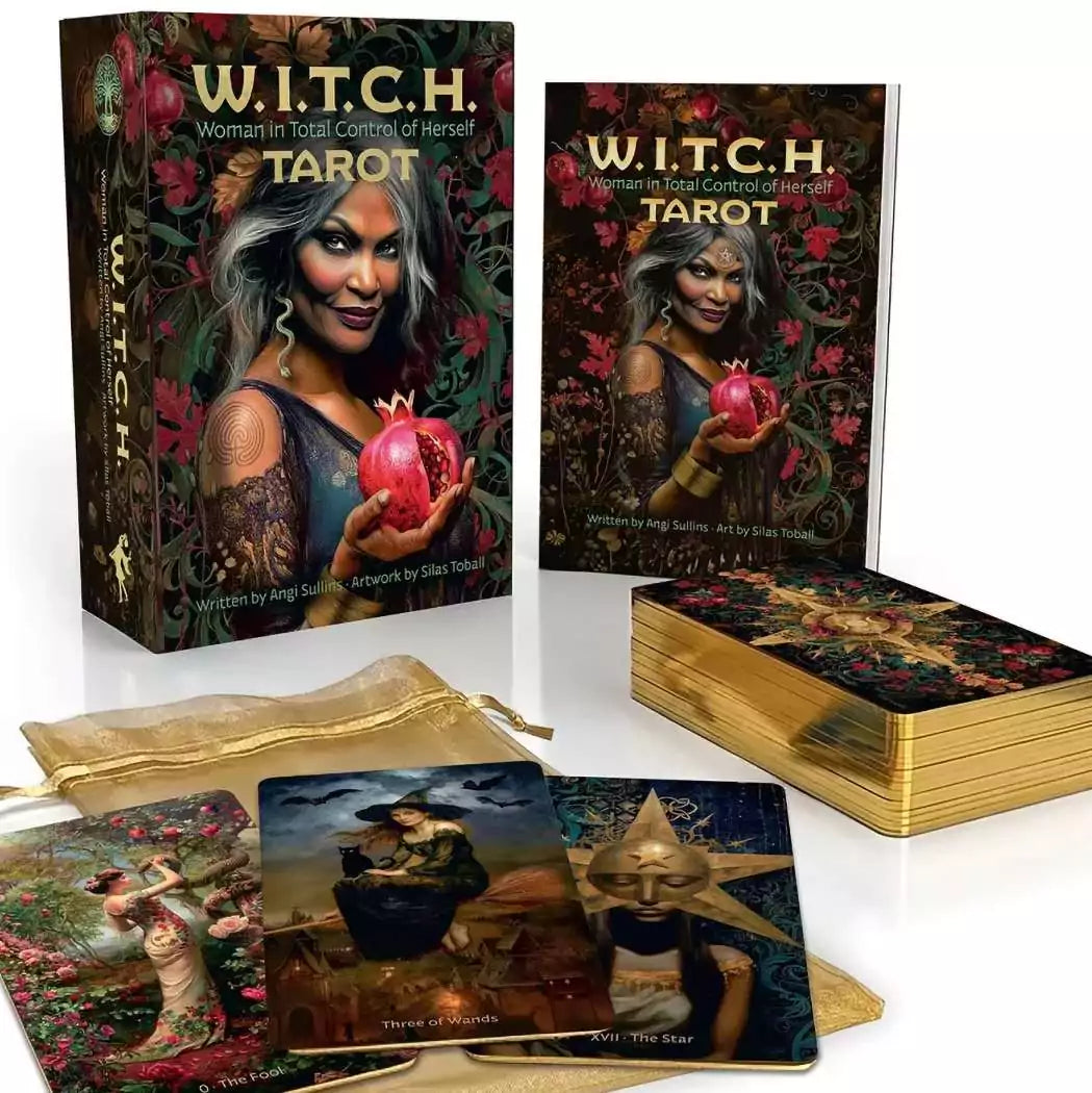 W.I.T.C.H. Tarot cover, a 78-card feminine empowerment deck by Angi Sullins and Silas Toball with collage-style illustration, gold gilt edging, and a 208-page guidebook with three custom spreads.