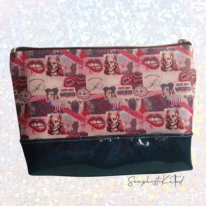 "Weird But Cute" Gothic Versatile Zipper Pouch – Skull &amp; Vampire Collage Faux Leather Bag