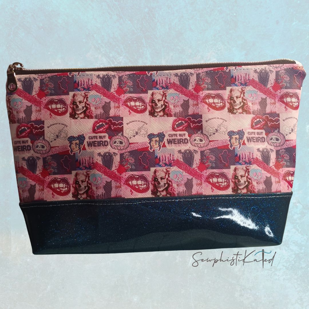 "Weird But Cute" Gothic Versatile Zipper Pouch – Skull &amp; Vampire Collage Faux Leather Bag