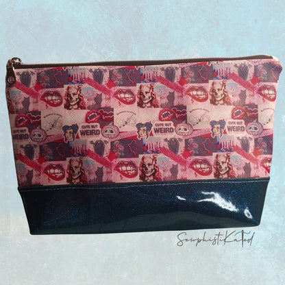 "Weird But Cute" Gothic Versatile Zipper Pouch – Skull &amp; Vampire Collage Faux Leather Bag