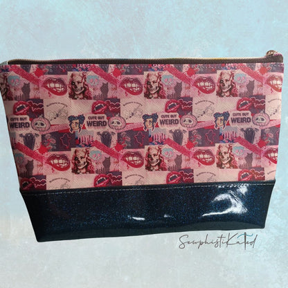 "Weird But Cute" Gothic Versatile Zipper Pouch – Skull &amp; Vampire Collage Faux Leather Bag