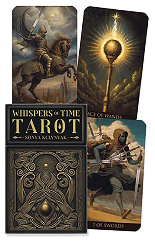 Whispers of Time Tarot deck box by Sonya Kulynyak showing illustrated multilingual tarot cards with dreamlike historical imagery