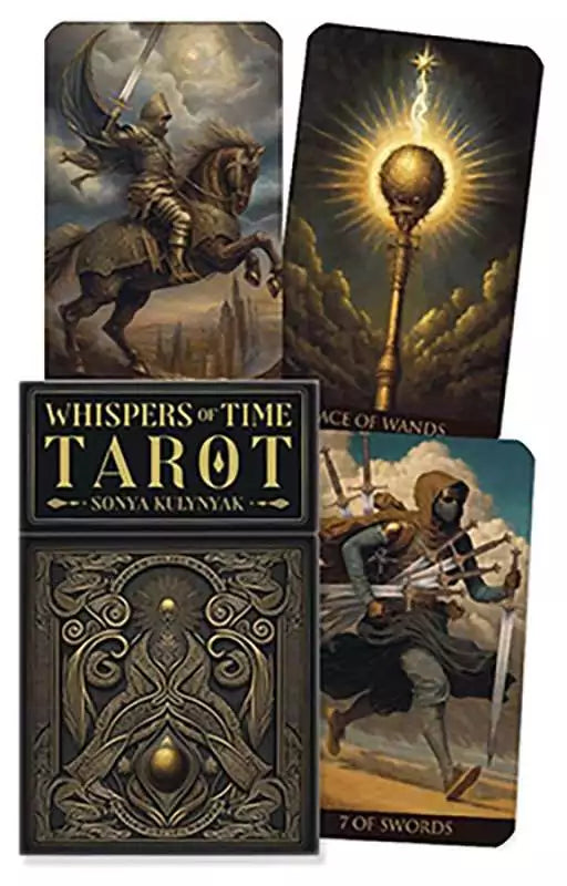 Whispers of Time Tarot deck box by Sonya Kulynyak showing illustrated multilingual tarot cards with dreamlike historical imagery