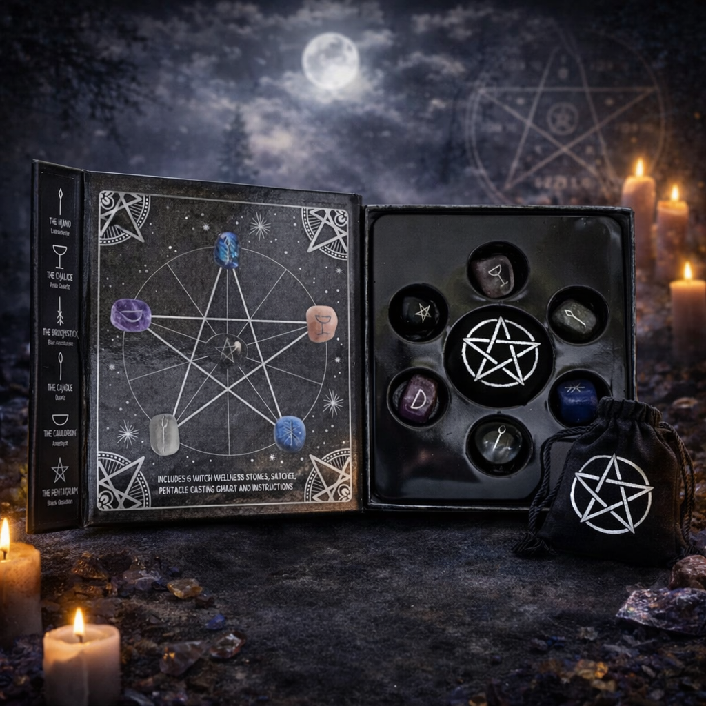 Witch Wellness Stones Kit – Divination Set with Crystal Casting Stones &amp; Pentacle Chart