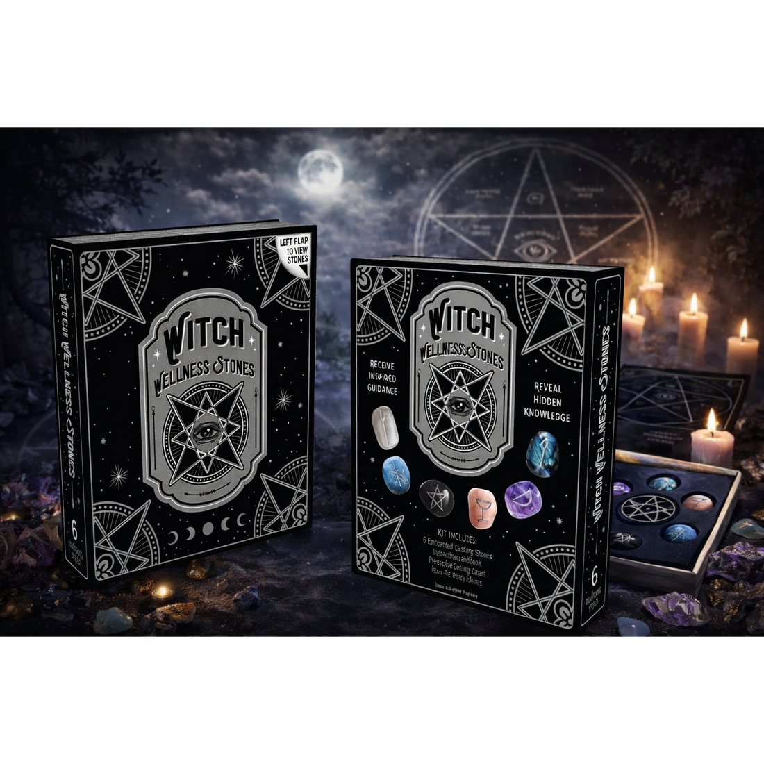 Witch Wellness Stones Kit – Divination Set with Crystal Casting Stones &amp; Pentacle Chart