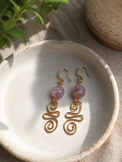 Gold Wire Wrapped Earrings with Strawberry Quartz Crystals