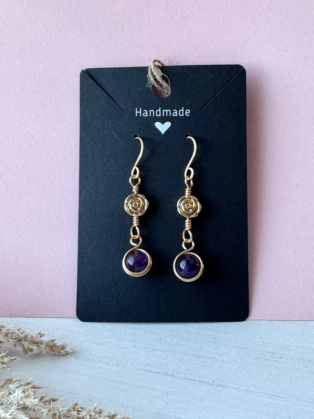 Wire Wrapped 14k Gold Rose &amp; Amethyst Earrings