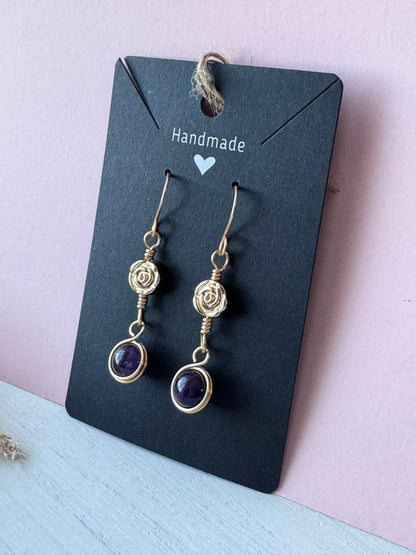 Wire Wrapped 14k Gold Rose &amp; Amethyst Earrings
