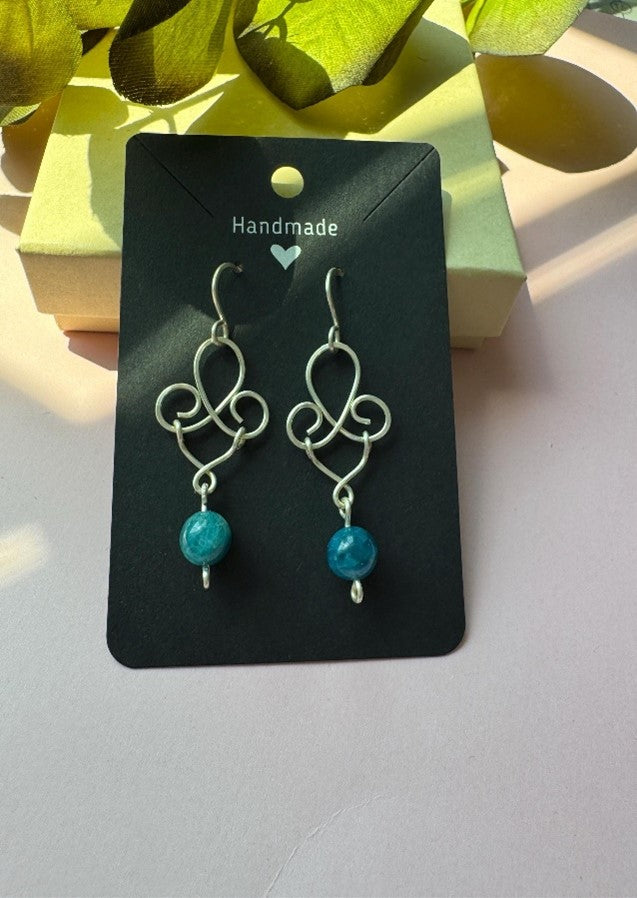 Handmade Silver Wire Wrapped Earrings, Blue Apatite Gemstone Dangles