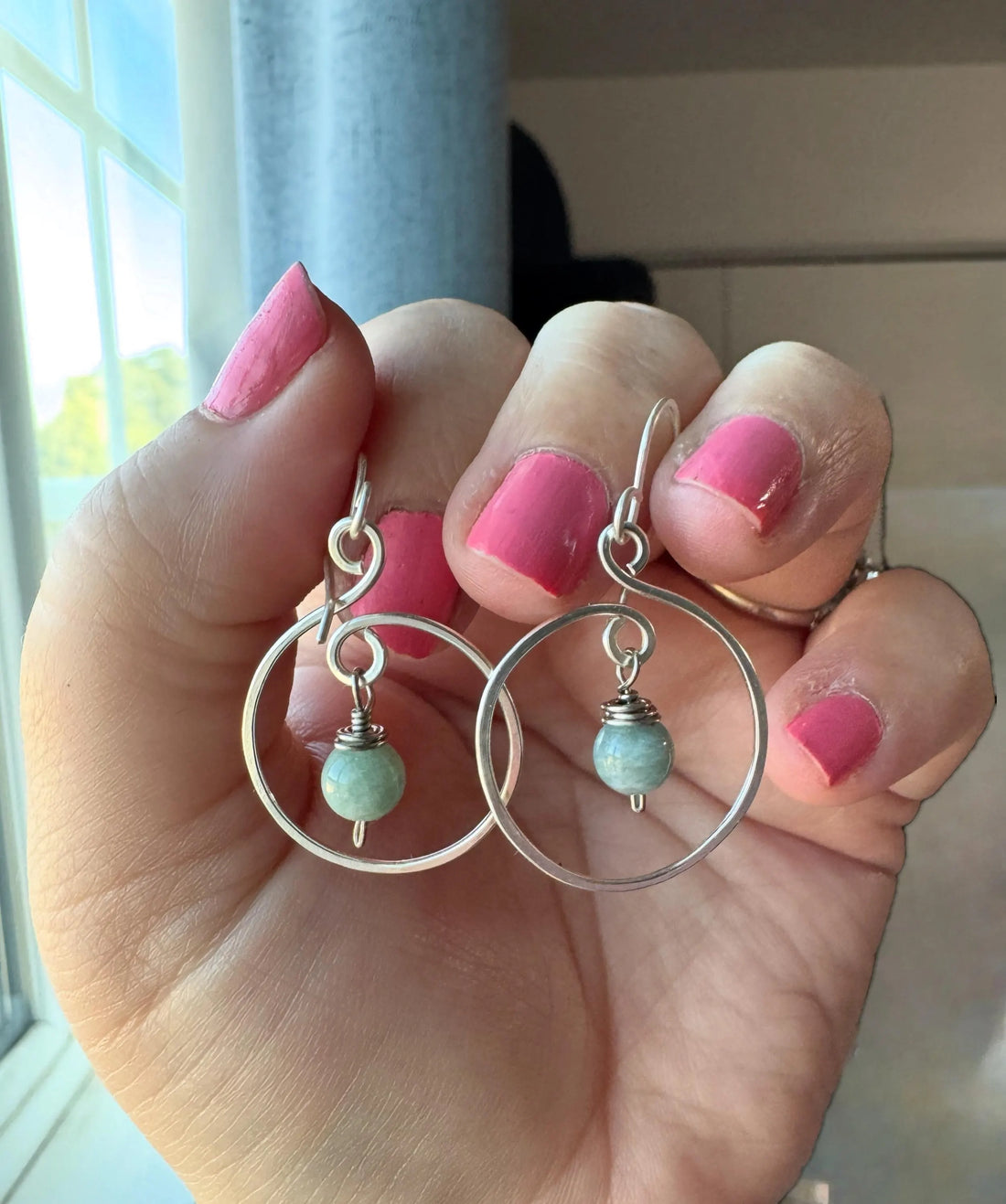 Handmade Silver Wire Wrapped Aquamarine Hoop Earrings