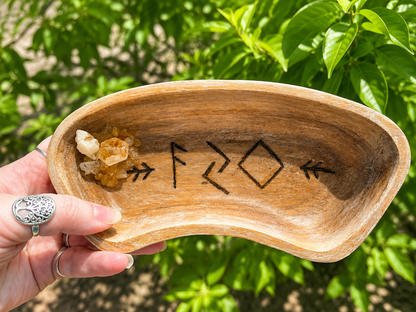 Futhark rune wood burned monkey pod wood bowl abundance