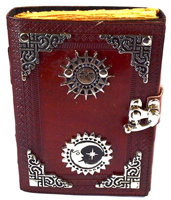 Sun &amp; Moon Leather Journal with Aged Paper &amp; Latch – 4 1/2″ x 6 1/2″, Unlined