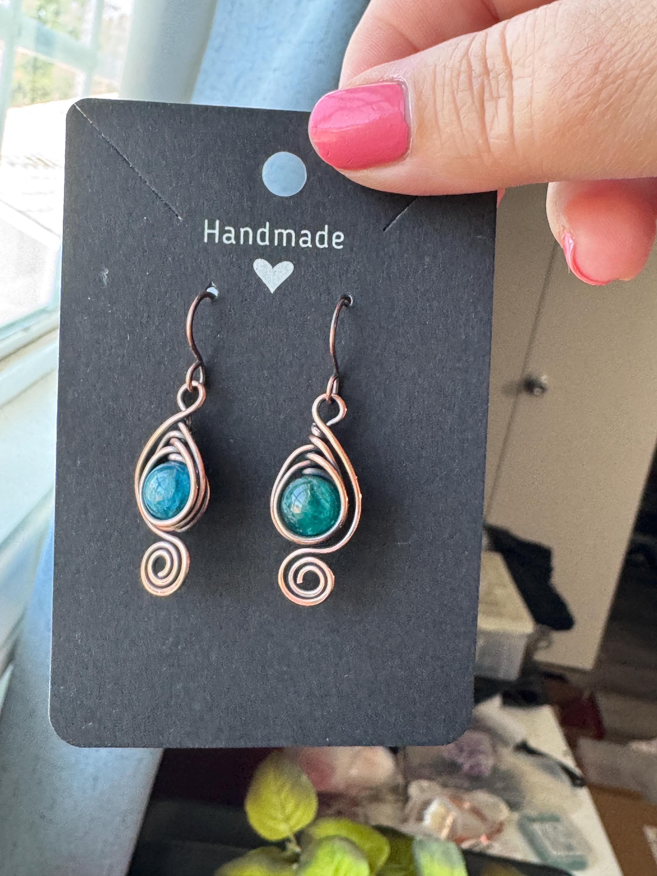 Handmade Copper Wire Wrapped Blue Apatite Gemstone Earrings