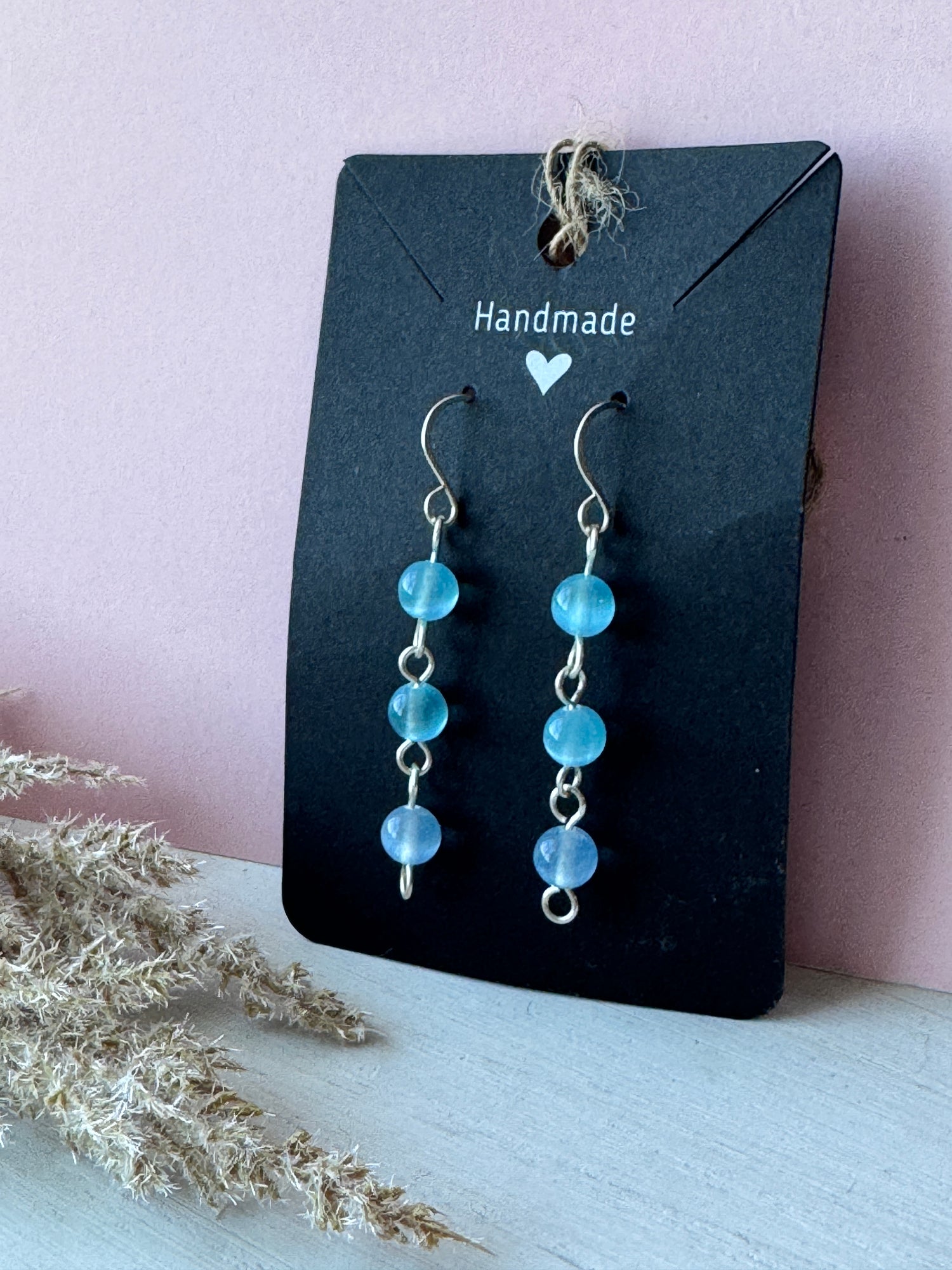 Silver Wire Wrapped Drop Earrings with Blue Selenite Gemstones
