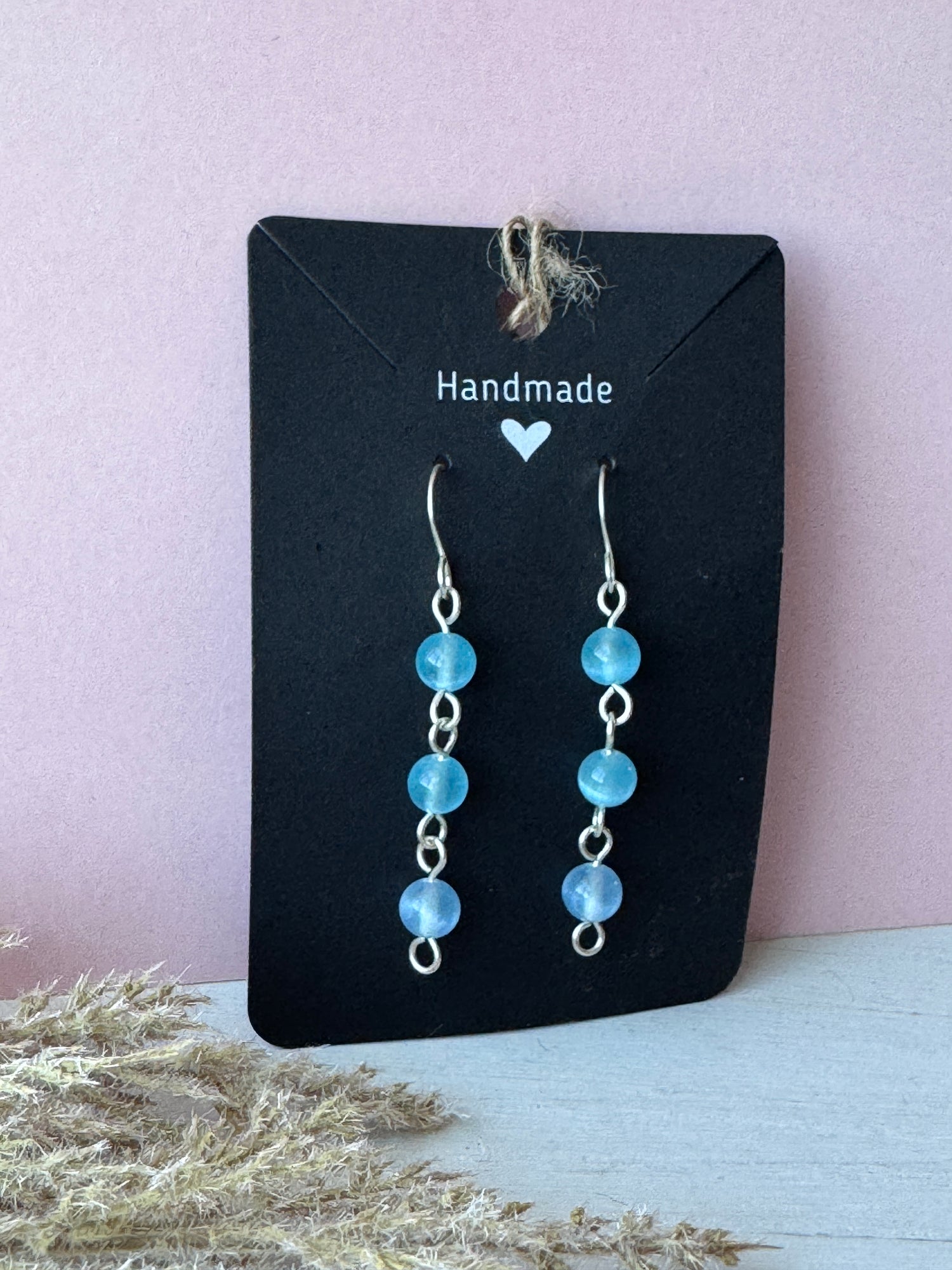 Silver Wire Wrapped Drop Earrings with Blue Selenite Gemstones