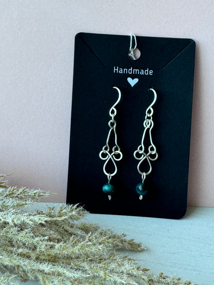 Dainty Silver Wire Wrapped Earrings with Blue Tigers Eye Gemstones