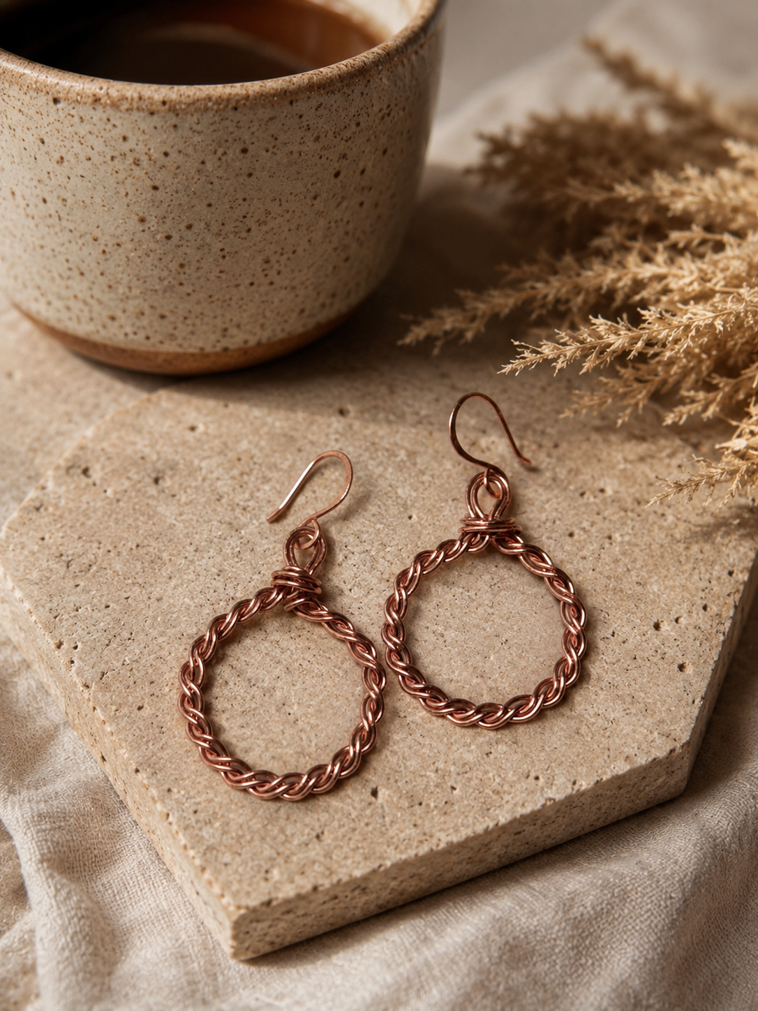 Wire Wrapped Braided Copper Hoop Earrings