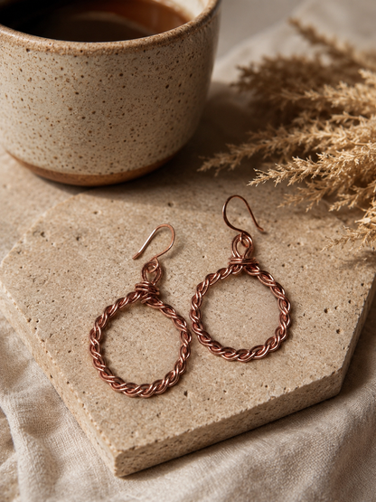 Wire Wrapped Braided Copper Hoop Earrings