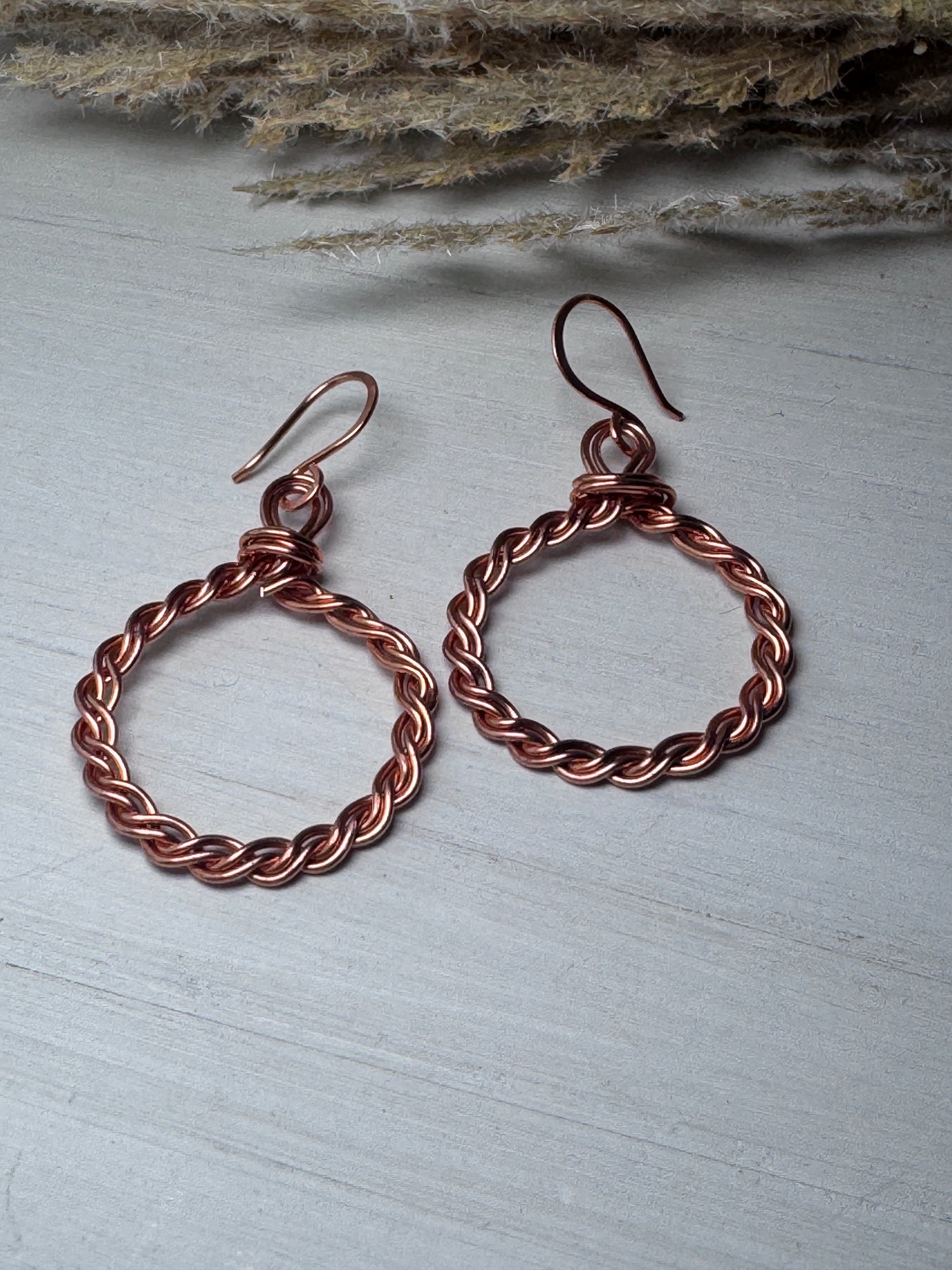Wire Wrapped Braided Copper Hoop Earrings