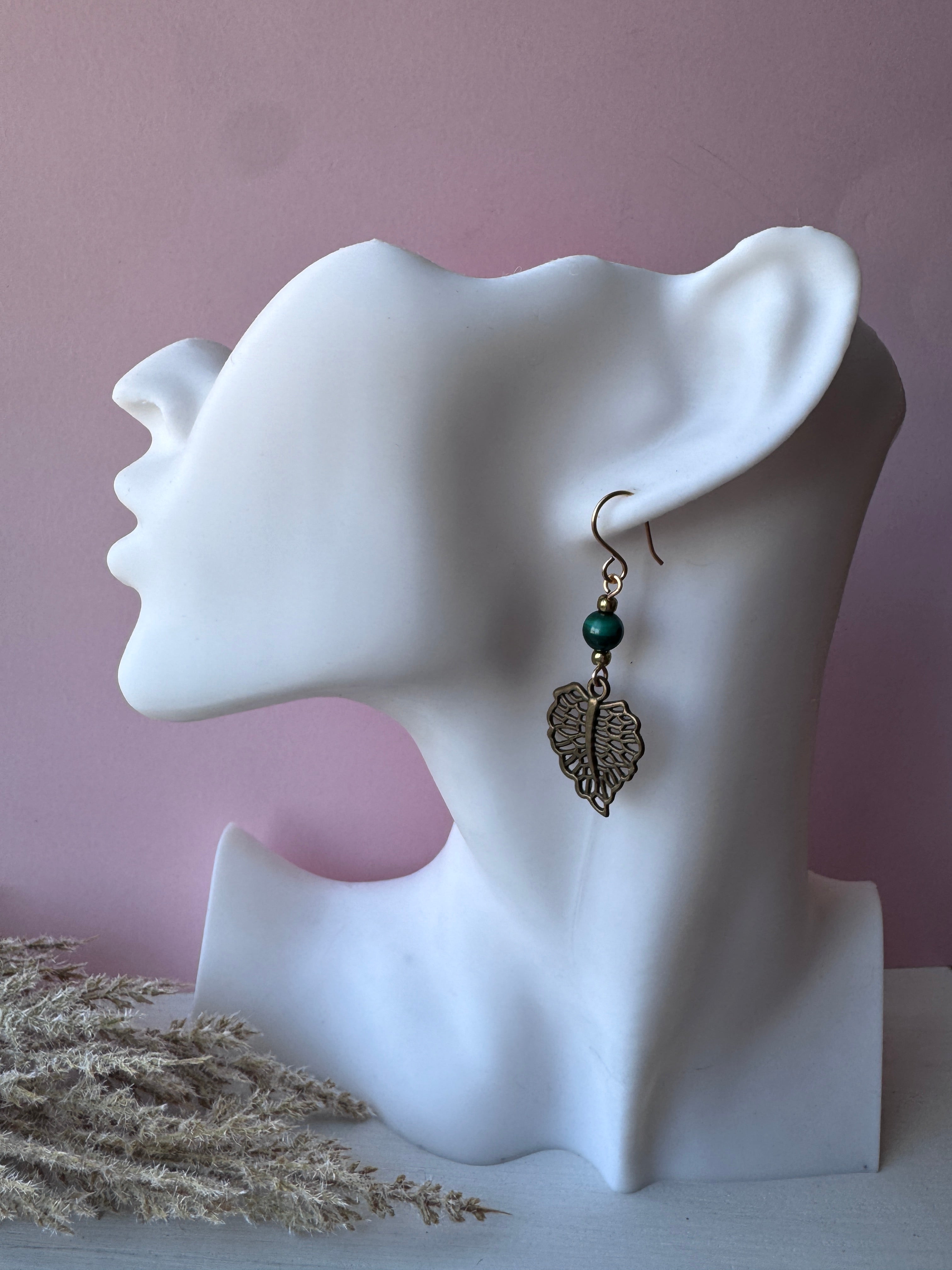 Malachite Earrings with Bronze Leaf Charms