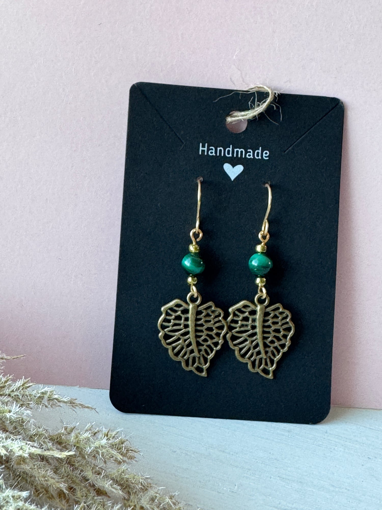 Malachite Earrings with Bronze Leaf Charms