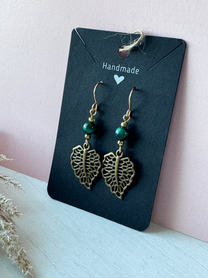 Malachite Earrings with Bronze Leaf Charms