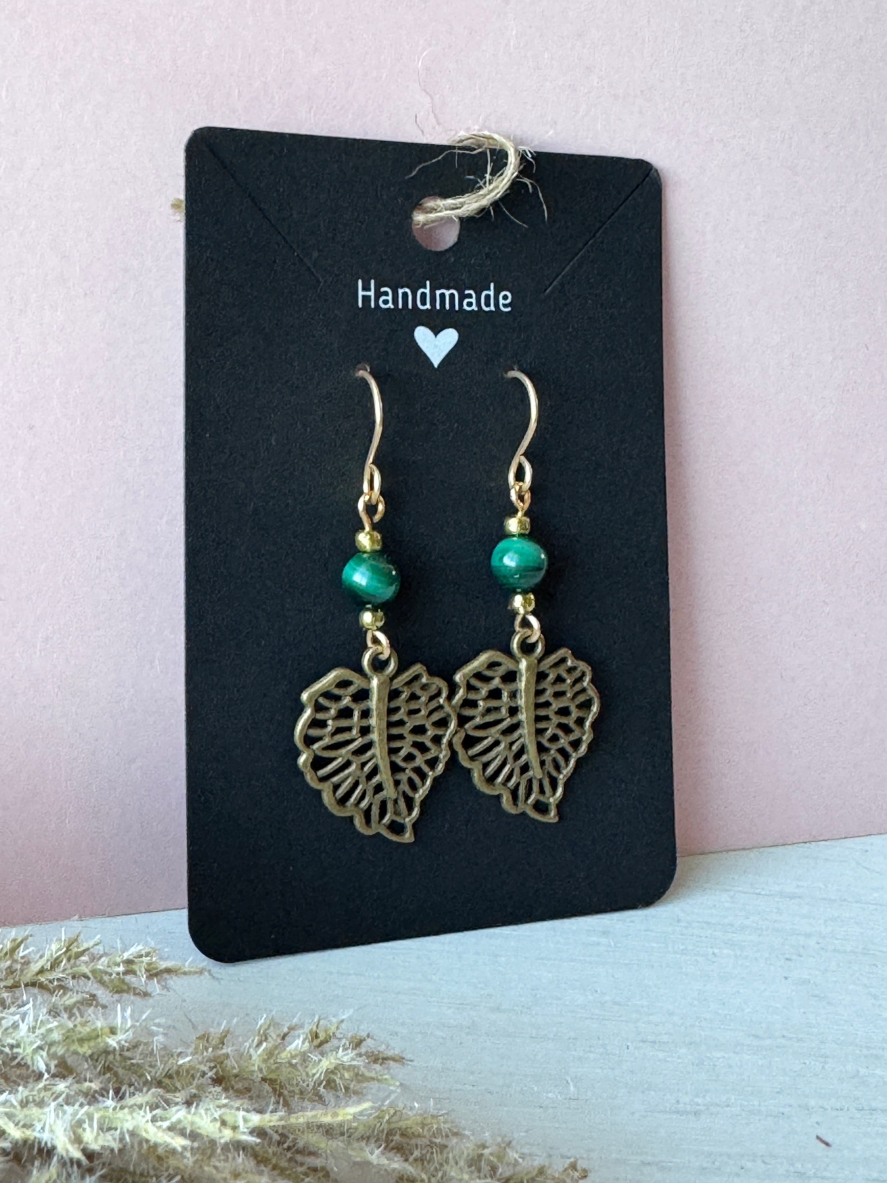 Malachite Earrings with Bronze Leaf Charms