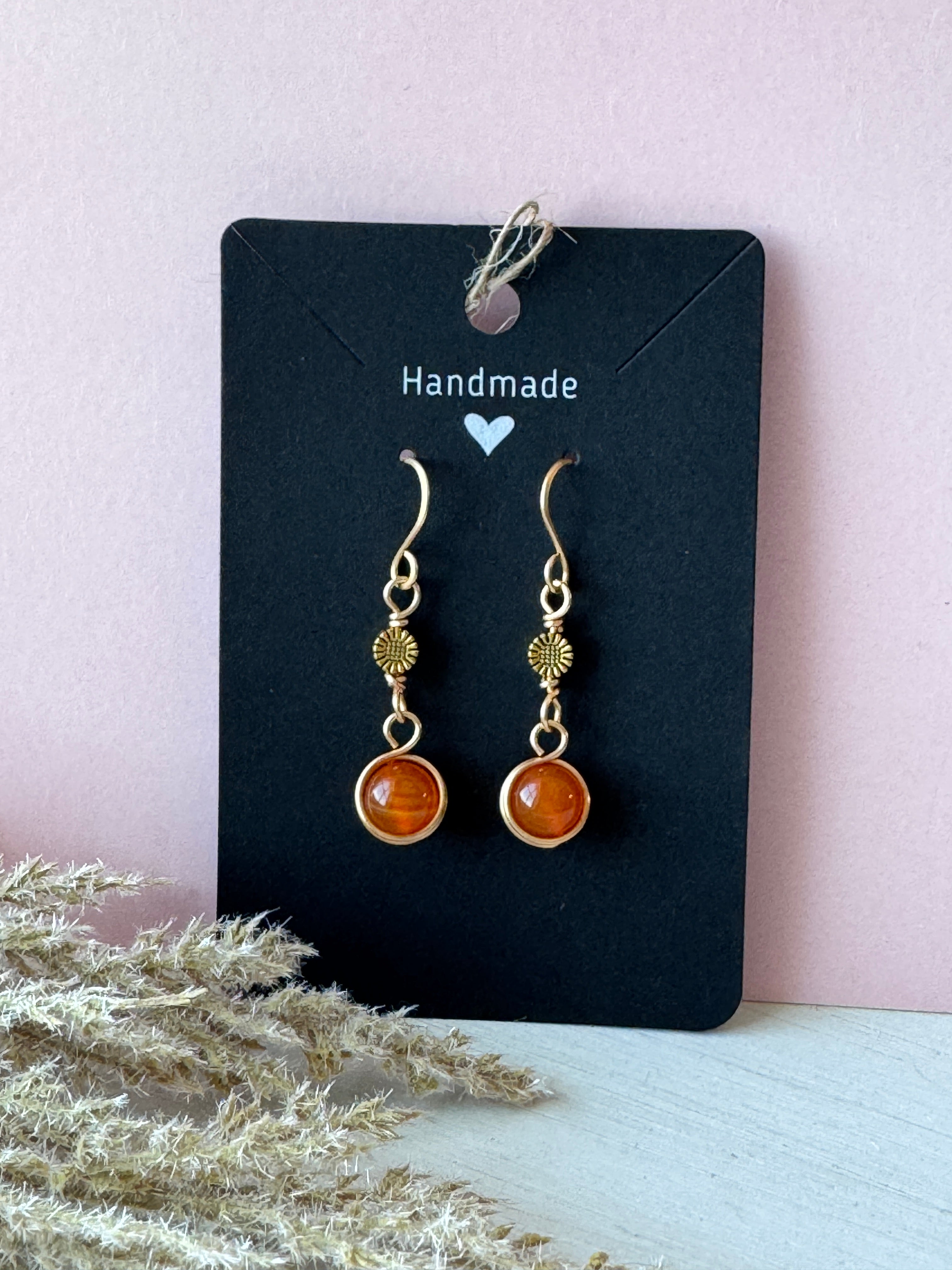 Wire Wrapped Gold Earrings with Carnelian Gemstones &amp; Brass Beads