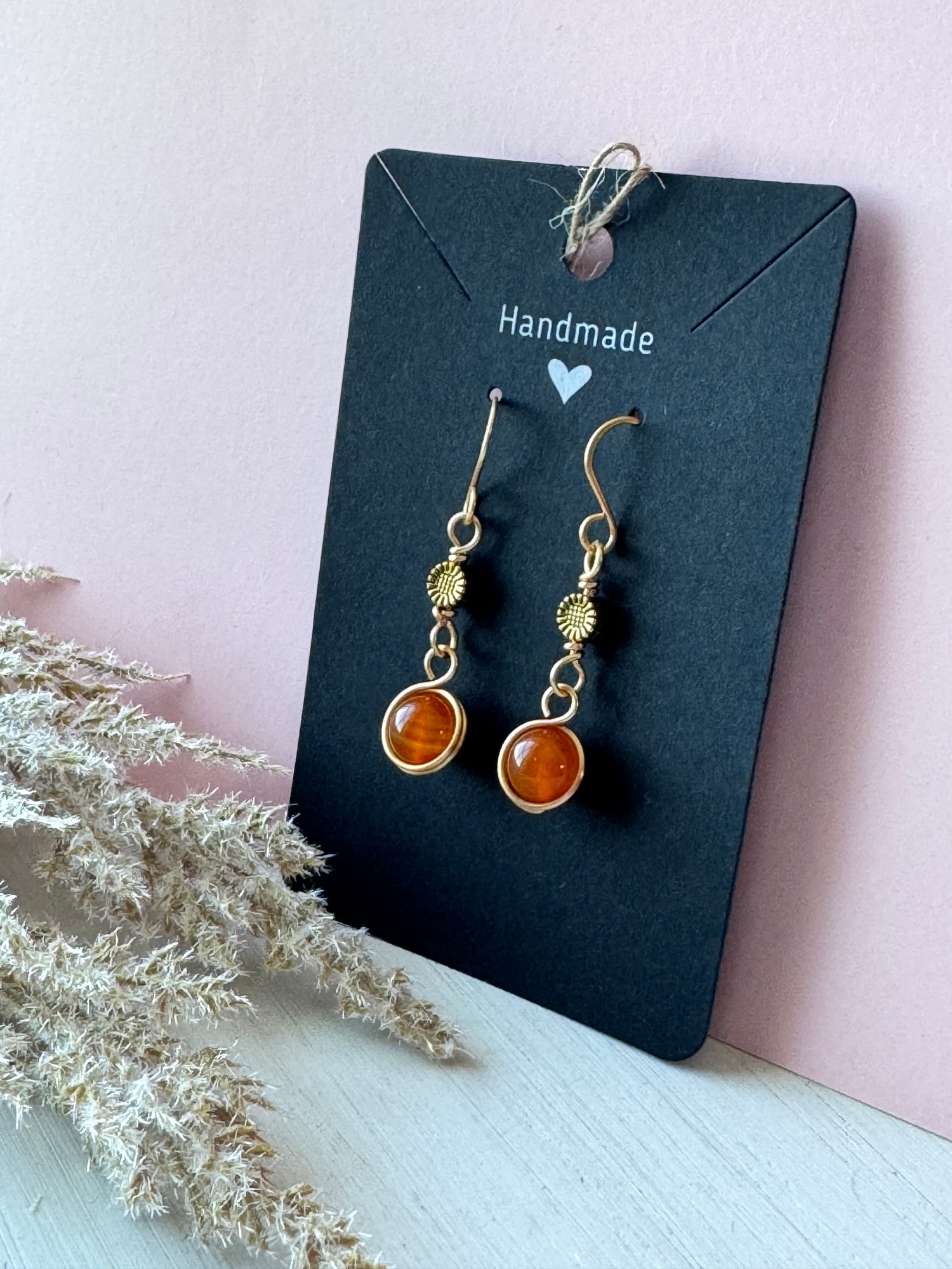 Wire Wrapped Gold Earrings with Carnelian Gemstones &amp; Brass Beads
