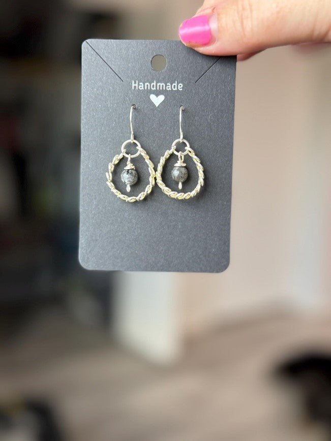 Handmade Silver Coil Hoops with Labradorite Crystals