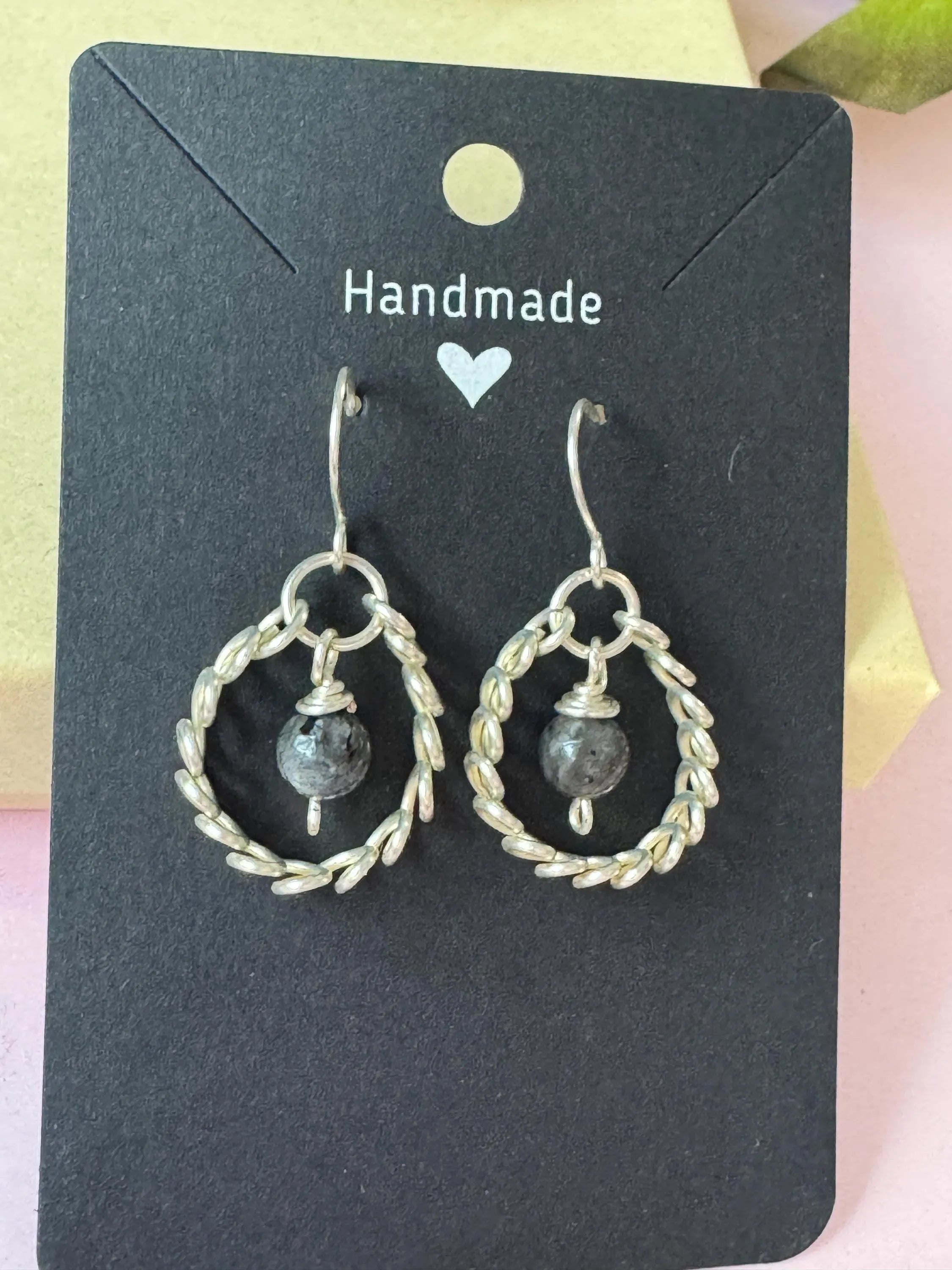 Handmade Silver Coil Hoops with Labradorite Crystals