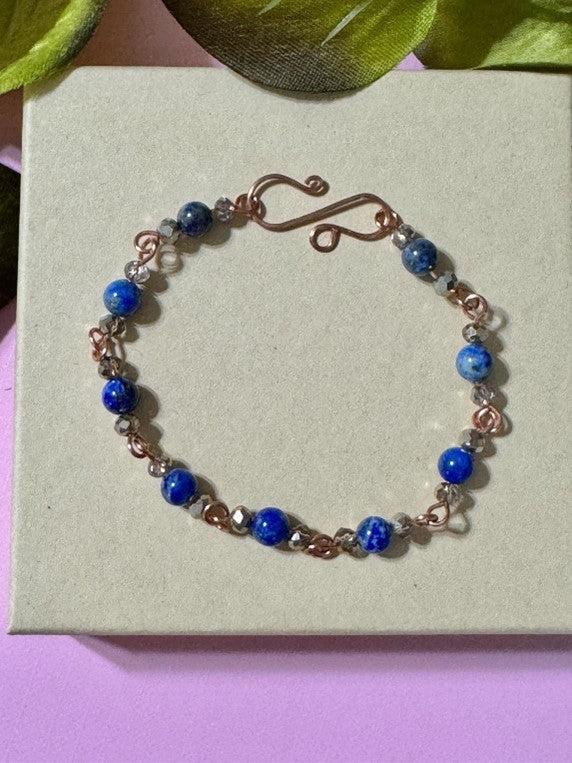 Handmade Copper Wire Wrapped Lapis Lazuli Bracelet with Gold Accents