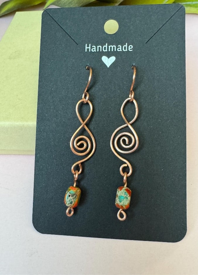 Copper Swirly Earrings with sea Sediment Jasper