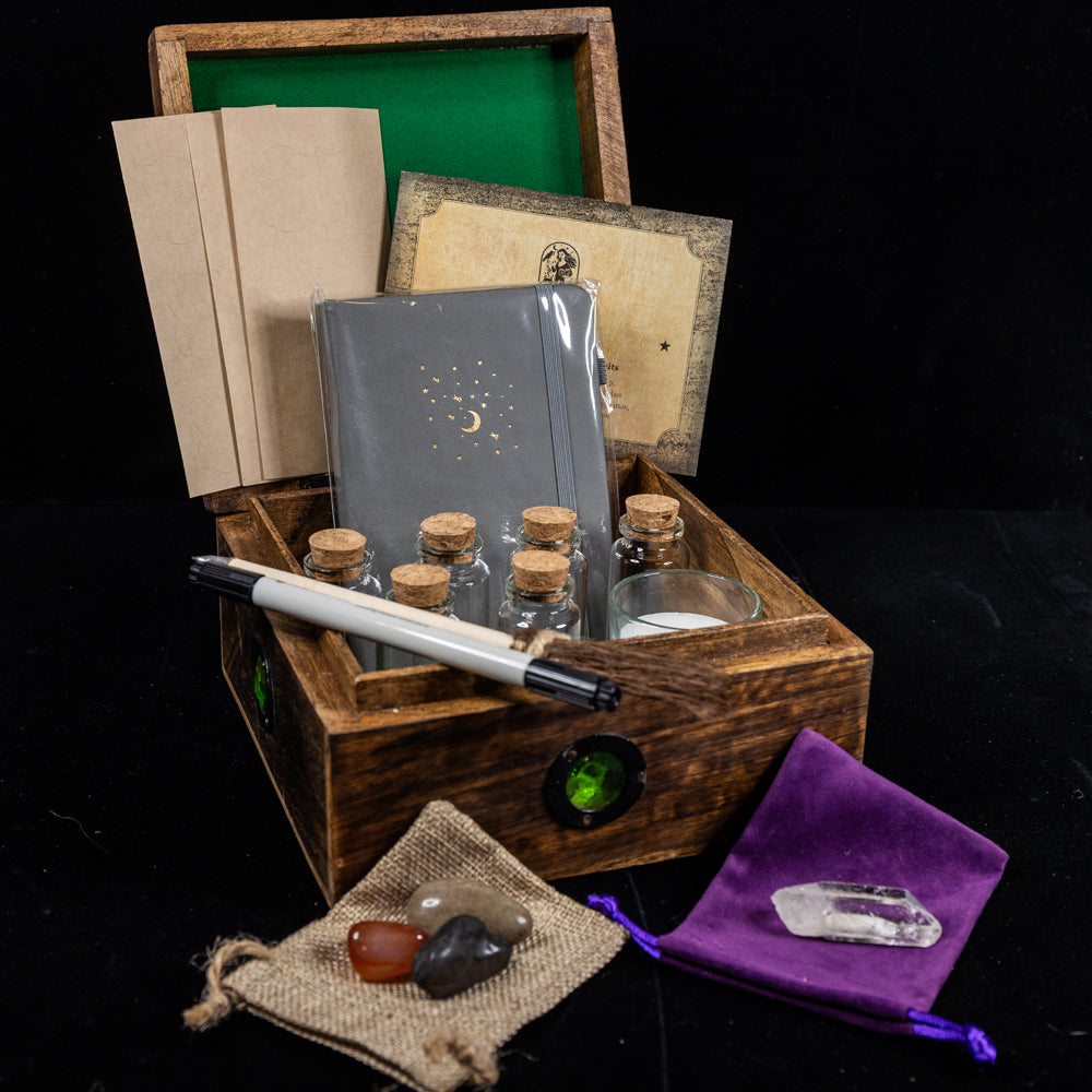 Deluxe Novice Witch Spellcasting Starter Kit with Hardwood Pentacle &amp; “Crystal Eye” Storage Box
