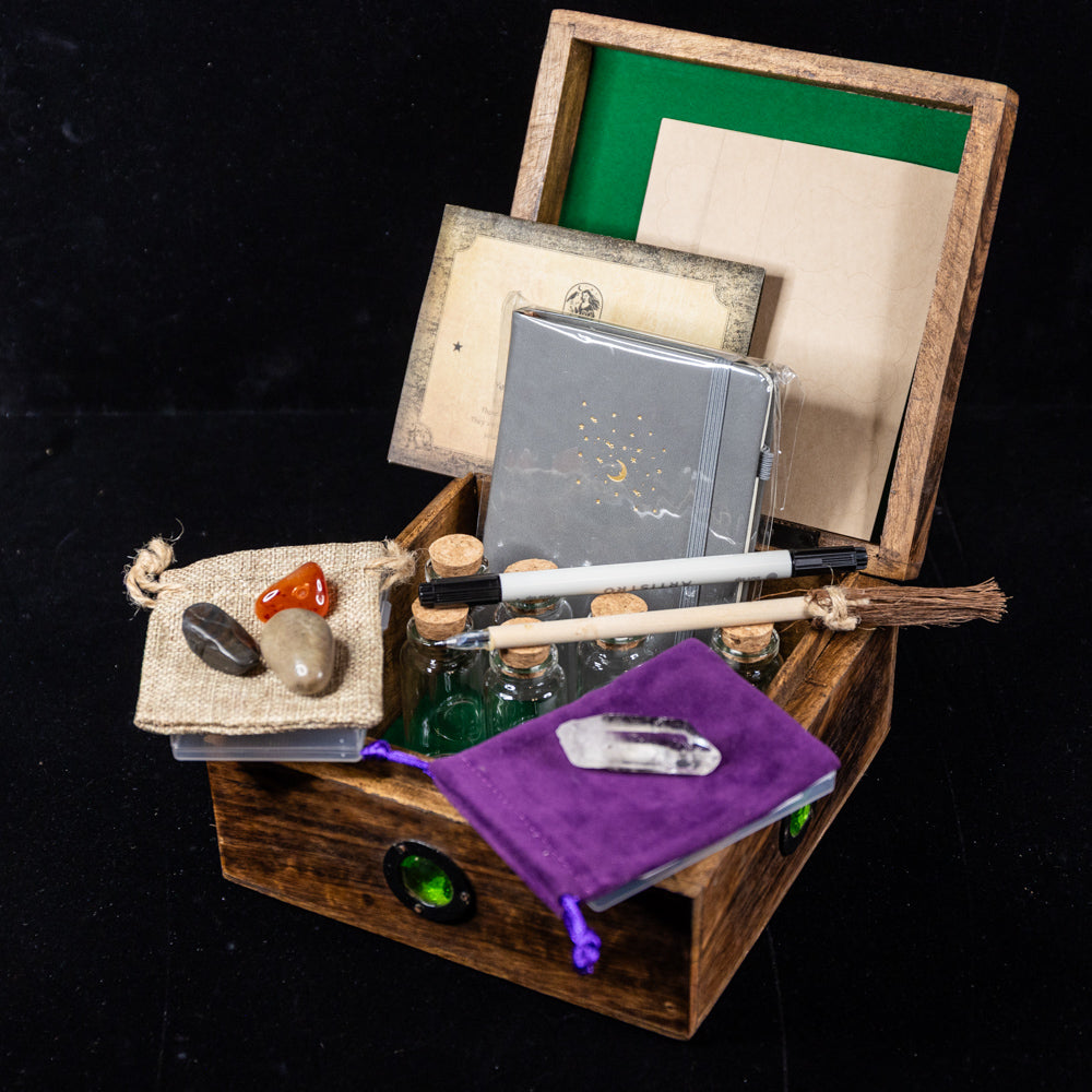 Deluxe Novice Witch Spellcasting Starter Kit with Hardwood Pentacle &amp; “Crystal Eye” Storage Box
