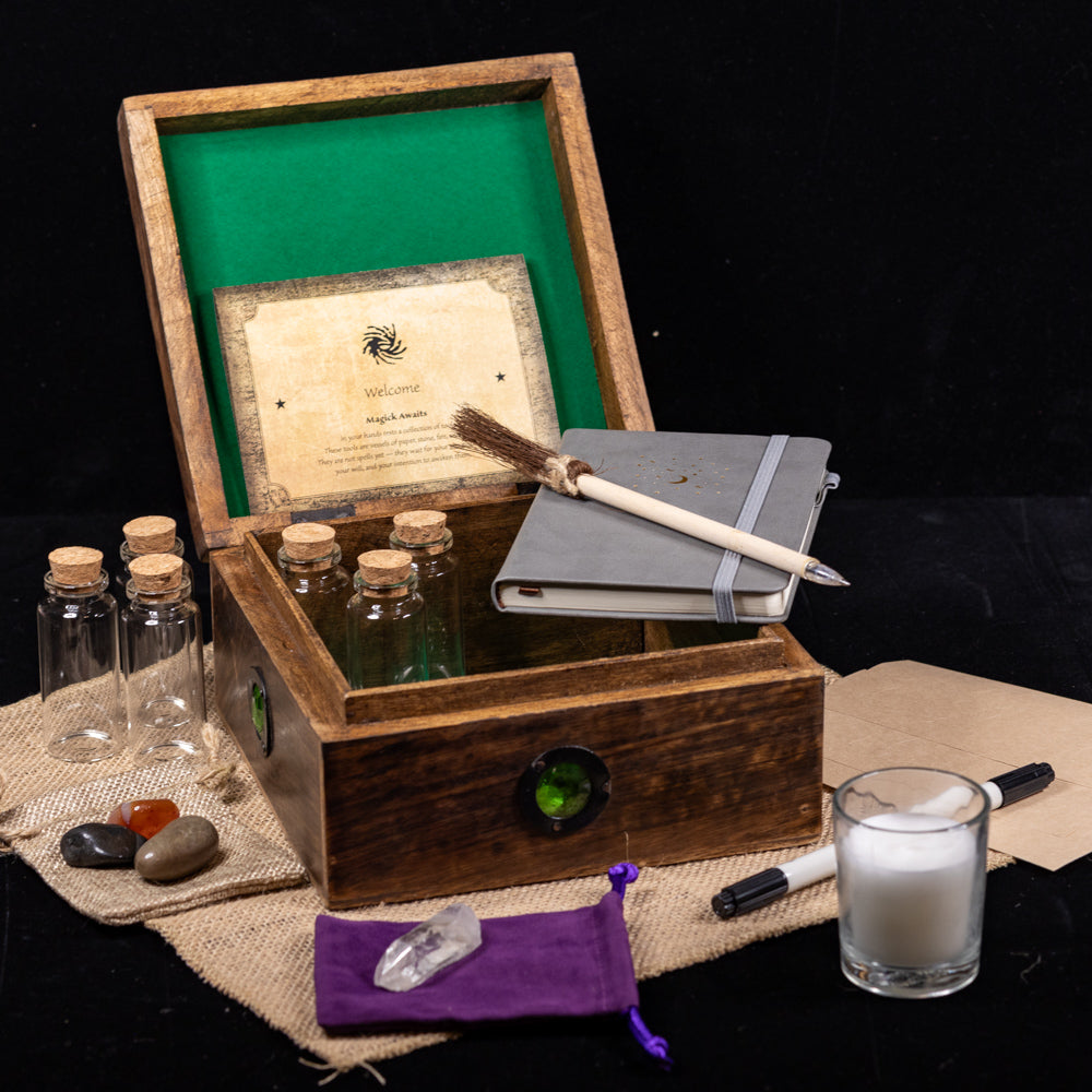 Deluxe Novice Witch Spellcasting Starter Kit with Hardwood Pentacle &amp; “Crystal Eye” Storage Box