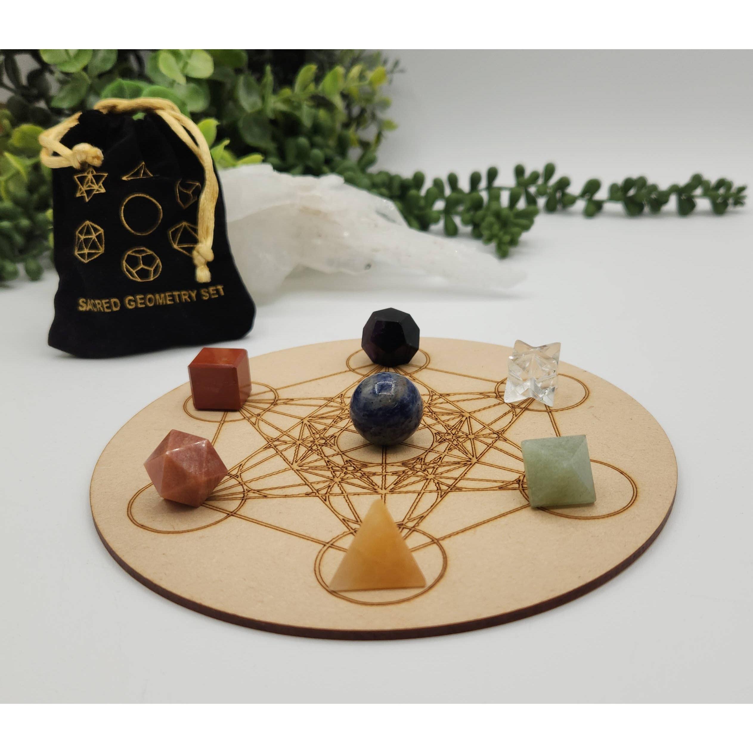 7-Piece Chakra Sacred Geometry Crystal Set with Grid &amp; Velvet Pouch