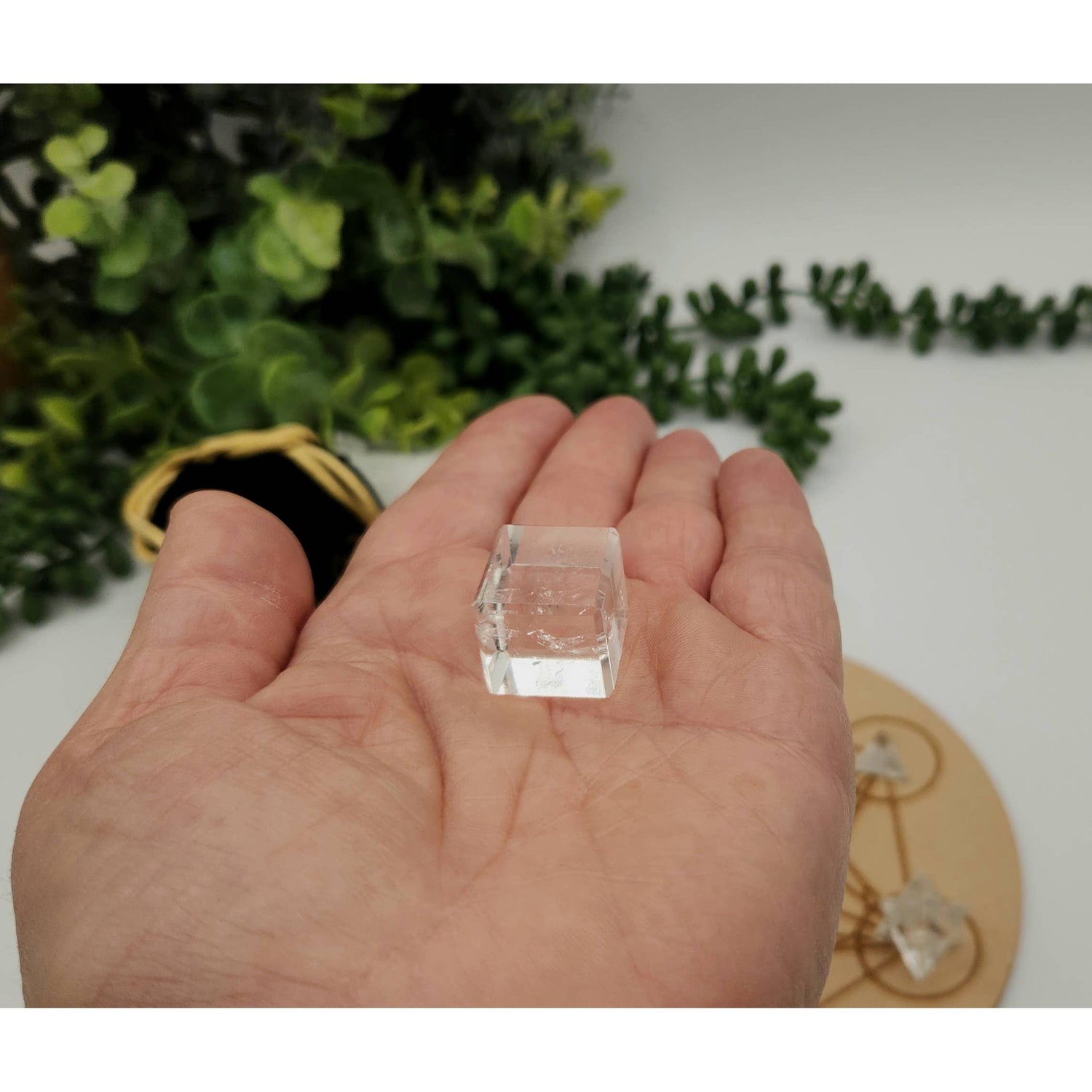 Clear Quartz Sacred Geometry Set – 7 Carved Crystals + Merkaba &amp; Sphere with Grid &amp; Pouch